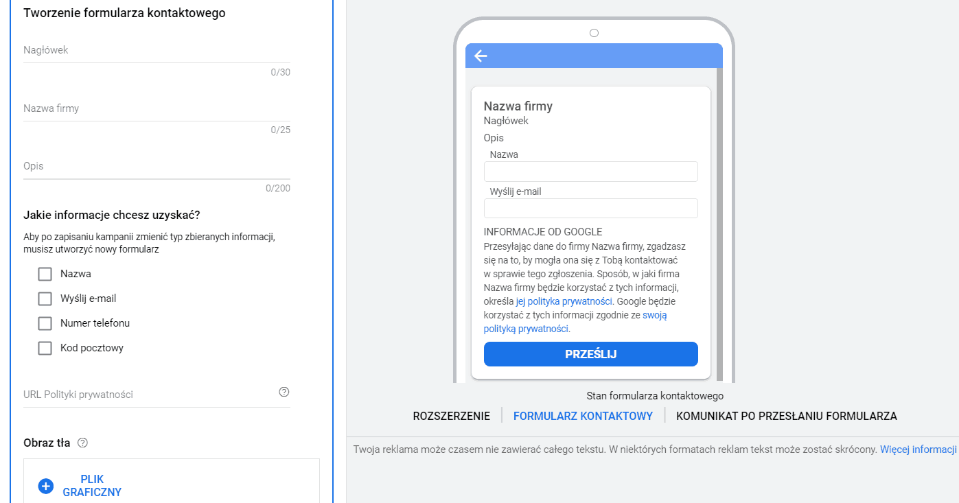 tworzenie formularza kontaktowego google ads